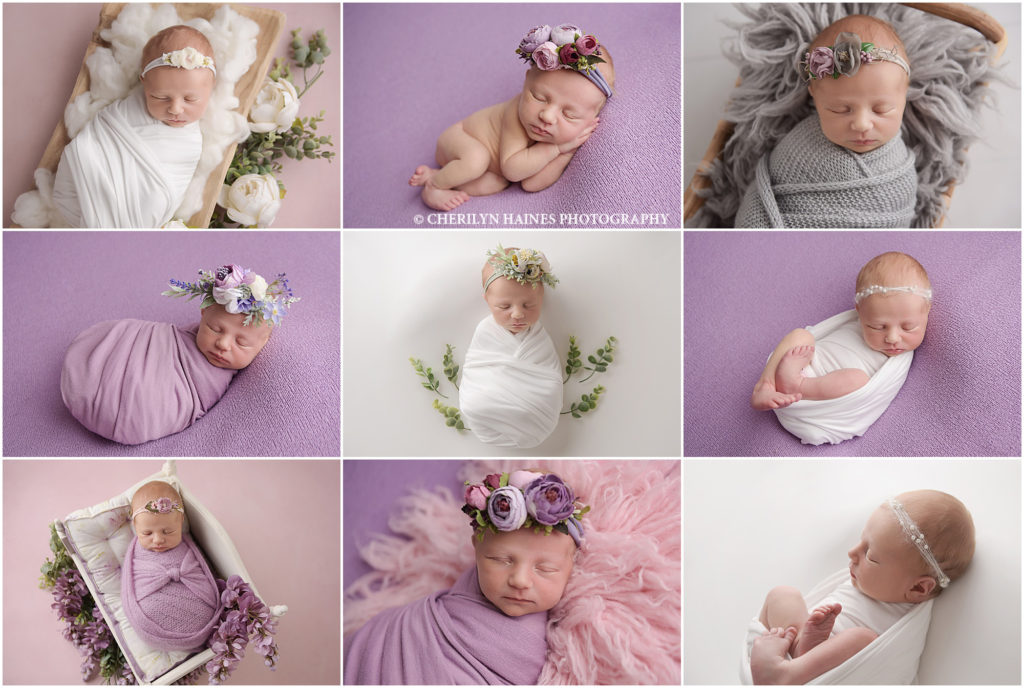 10 day old newborn portrait session that took place in Baton Rouge, Louisiana in Cherilyn Haines Photography's studio. This baby was photographed on purple and white blankets and was posed in wooden bowls and a tiny doll bed with flowers. Cherilyn photographed this baby's mom's maternity portraits as well. Cherilyn is a fine art maternity, newborn, and baby photographer in the New Orleans, Louisiana area.