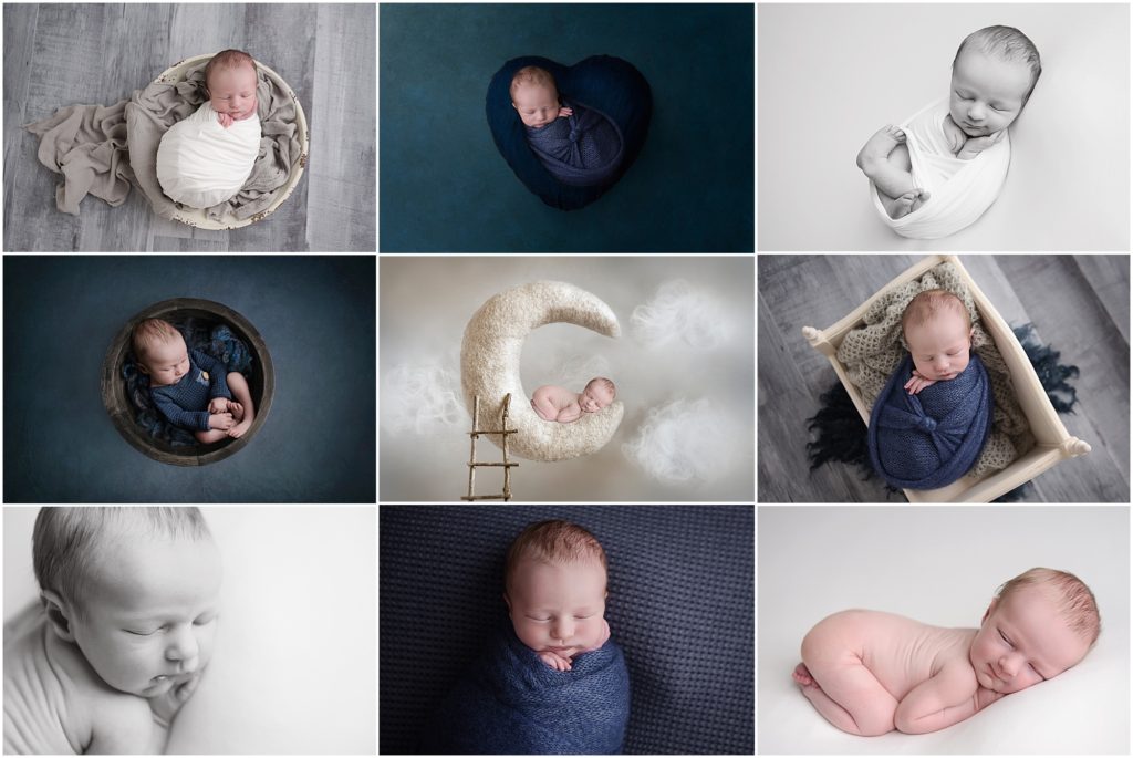 One week old newborn baby boy is photographed at Cherilyn Haines' photography studio in Baton Rouge, Louisiana. The 7 day old baby was photographed sleeping on a moon with a ladder. He was also photographed sleeping on a white blanket and swaddled in a navy blue swaddle posed in a bed and bowl.  Cherilyn Haines is a fine art maternity, newborn, and baby photographer who services Denham Springs, Hammond, Lafayette, Lake Charles, and Metairie, LA.