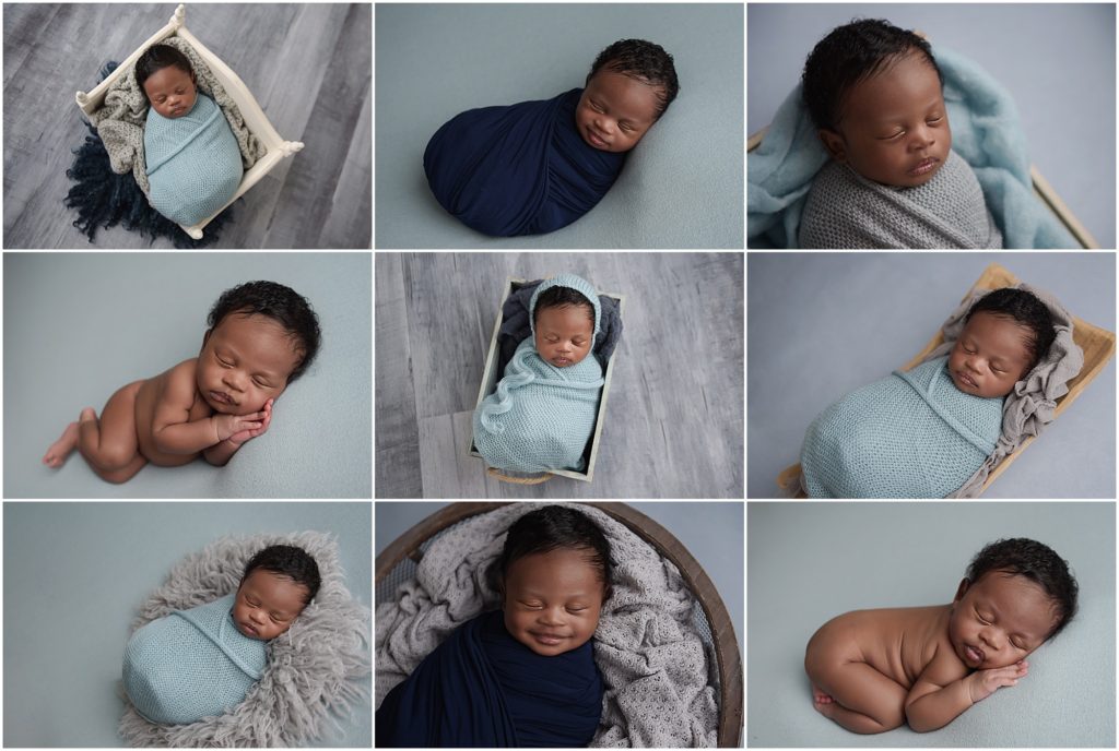 5 week old baby boy was photographed at his newborn session in Baton Rouge. His session was styled with different shades of blues and grays and he was photographed both posed and swaddled. This newborn baby gave lots of smiles during his session. Cherilyn Haines Photography services Baton Rouge, Denham Springs, New Orleans, Hammond, Lake Charles, and Lafayette, Louisiana
