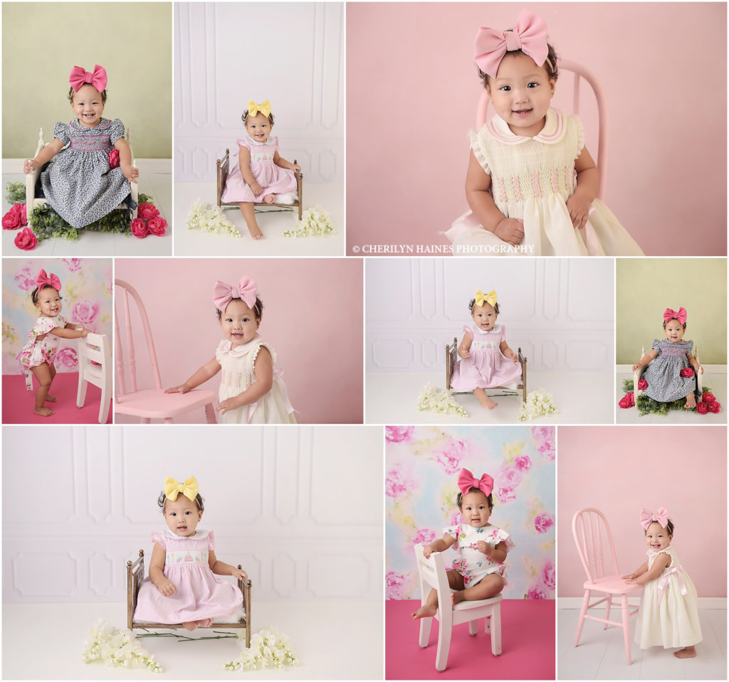 1 year old baby girl is photographed by cherilyn haines photography. She is one of cherilyn's baby plan clients so was photographed at her newborn session, 6 month session, and 1 year session. She is photographed in a pink dress on a tiny bronze bed. She is also photographed in a floral romper in front of a pink and blue floral backdrop. Cherilyn is a newborn and baby photographer who services Baton Rouge, Denham Springs, Walker, Hammond, Lake Charles, Lafayette, and New Orleans, Louisiana. 