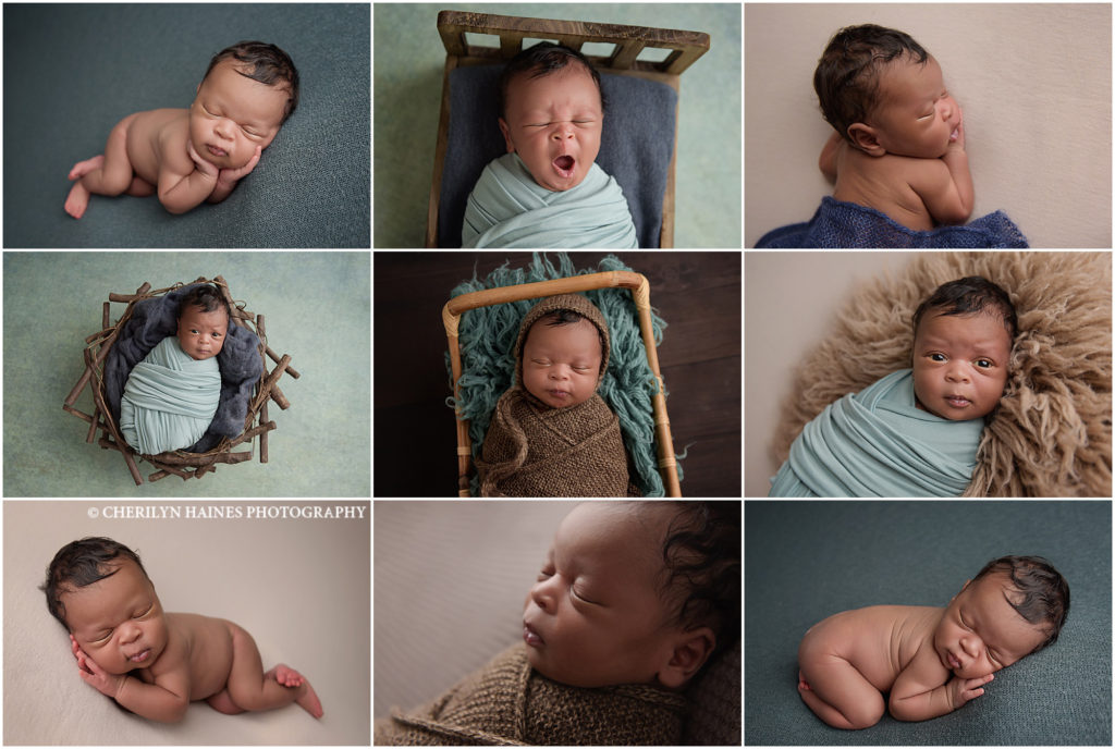 2 week old newborn baby boy is photographed by Cherilyn Haines Photography at her studio in Baton Rouge, Louisiana. His is photographed on blue and tan blankets and swaddled in brown and different shades of blue. 