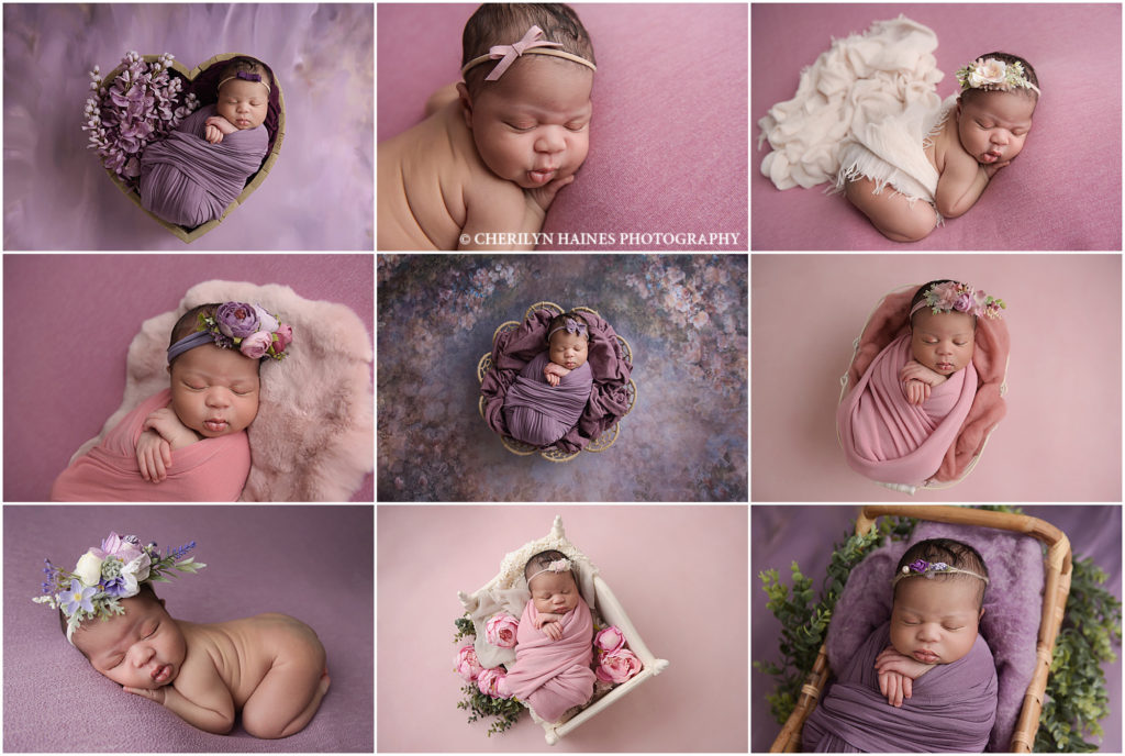 10 day old newborn baby girl is photographed by cherilyn haines photography at her baton rouge, louisiana studio. This newborn is photographed sleeping posed on pink  and purple blankets and is also swaddled for some setups using an antique ornate doll bed and a wooden heart shaped bowl. Cherilyn Haines Photography specializes in fine art maternity, newborn, and baby photography in Louisiana - including Denham Springs, Baton Rouge, Walker, Hammond, New Orleans, Lake Charles, and Lafayette. 