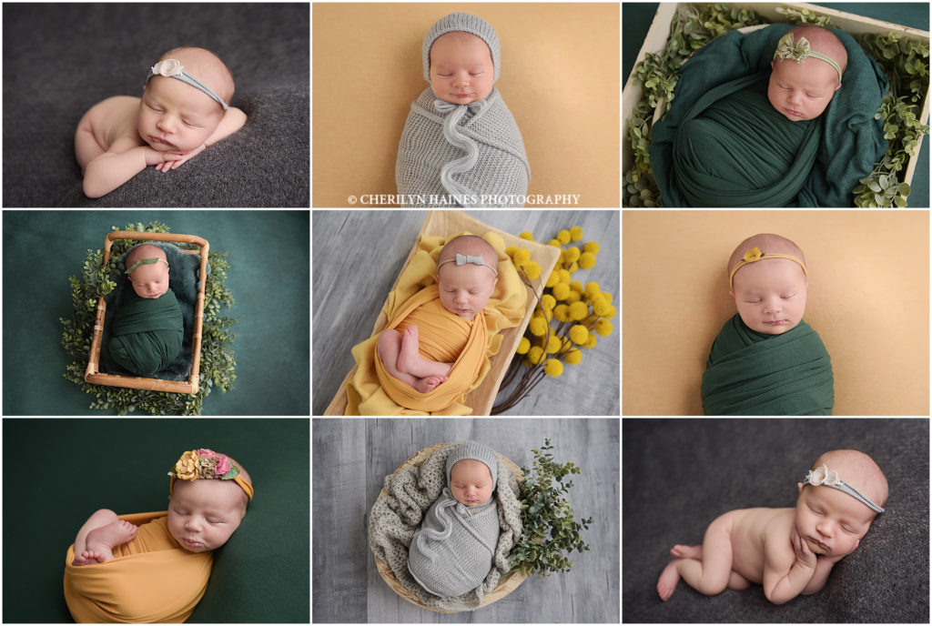 Newborn baby girl session styled with dark green, mustard yellow, and gray. Yellow pom flowers and greenery were also incorporated. This 14 day old baby girl was photographed by Cherilyn Haines Photography who is a fine art maternity, newborn, and baby photographer in the Baton Rouge and surrounding areas.