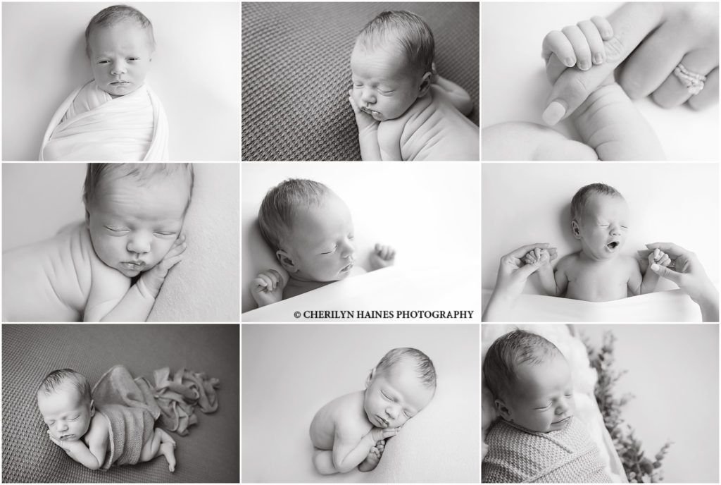 This two week old newborn baby boy is photographed at Cherilyn Haines Photography's studio in Baton Rouge. His session was shared with all black and white images with a combination of posed shots, swaddled shots, and detail shots. Cherilyn is a fine art maternity, newborn, and baby photographer in Baton Rouge, LA and surrounding areas.