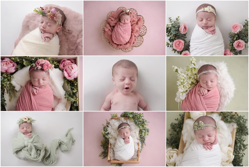 12 day old newborn baby girl is photographed by cherilyn haines photography at her photography studio in baton rouge, louisiana. Her session was style with pinks, whites, and sage greens and incorporated lots of greenery and florals. She is posed in round baskets and wooden bowls and stayed asleep the whole time. Cherilyn photographs newborns in the Baton Rouge, Denham Springs, Hammond, Metairie, Lake Charles, and Lafayette areas. 