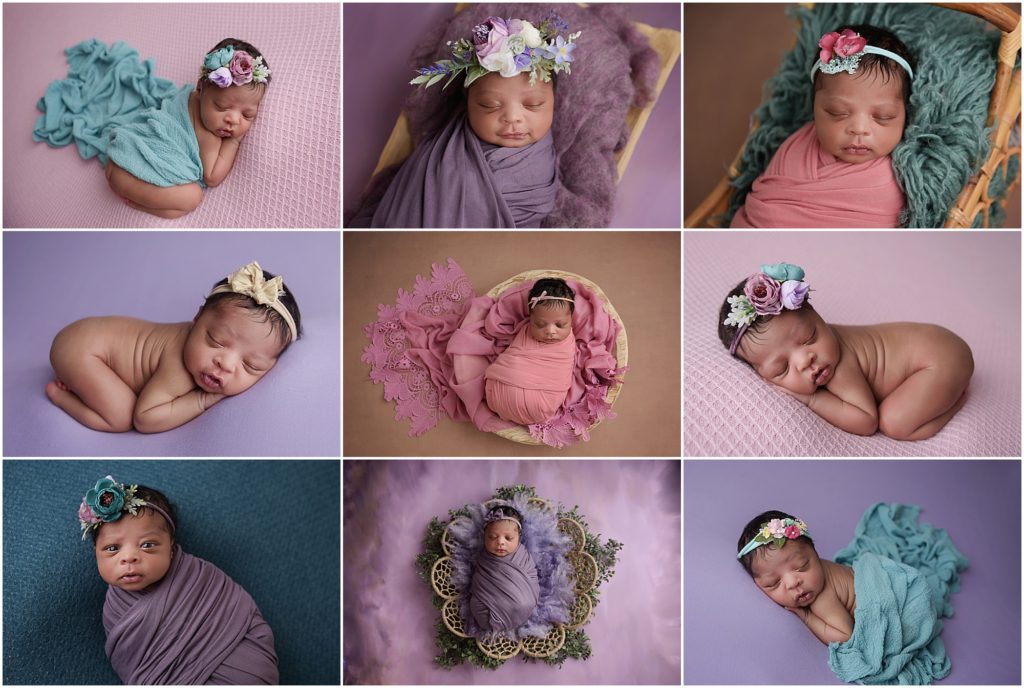 Two week old newborn baby girl is photographed at Cherilyn Haines Photography's studio in Baton Rouge, Louisiana. Her session was styled with mermaid colors of pinks, purples, and teals and she was photographed both swaddled and posed sleeping. Cherilyn is a fine art maternity, newborn, and baby photographer servicing Baton Rouge, Denham Springs, Walker, Hammond, New Orleans, Lake Charles, and Lafayette, Louisiana as well as Houston, Texas.