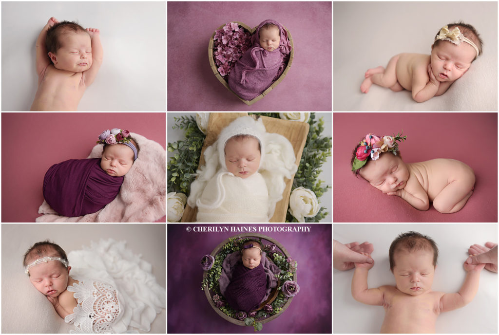 11 day old newborn baby girl is photographed at Cherilyn Haines Photography's studio in Baton Rouge, Louisiana. Her session was styled with the colors purple, rose, and whites. She was posed in a heart shaped wooden bowl and other wooden props incorporating florals. She was photographed sleeping and holding her mom's thumbs. Cherilyn is a fine art maternity, newborn, and baby photographer servicing Denham Springs, Walker, Hammond, New Orleans, Gonzales, Metairie, Lake Charles, and Lafayette, Louisiana.