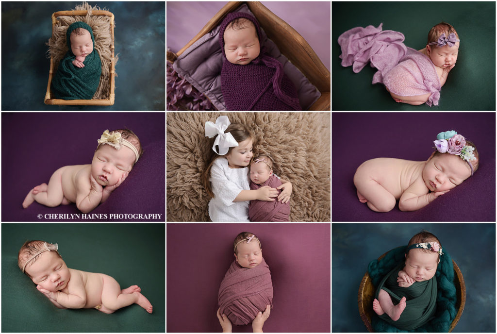 Beautiful one week old newborn baby girl was photographed by Cherilyn Haines Photography at her studio in Baton Rouge. This baby was photographed posed on purple and emerald green blankets incorporating floral headbands. She was also photographed swaddled in green, dark purple, and mauve swaddles and is posed with her big sister. Drewe is one of Cherilyn's baby plan members so will be photographed again at her sitter session and 1 year session. Cherilyn services clients in Baton Rouge, Hammond, New Orleans, Lake Charles, and Lafayette, Louisiana as well as Houston, Texas.