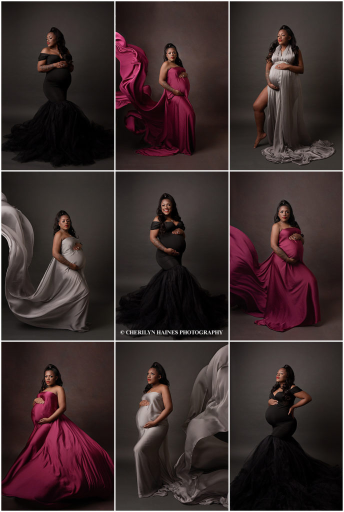 This New Orleans mama-to-be had her maternity portraits take with Cherilyn Haines Photography at her Baton Rouge, Louisiana studio. These fine art portraits were styled with a formal fitted black gown as well as with silky tossing fabrics in deep berry and silver. Cherilyn is a fine art maternity photographer who services clients in Baton Rouge, Denham Springs, New Orleans, Hammond, Lake Charles, and Lafayette, Louisiana as well as Houston, Texas.