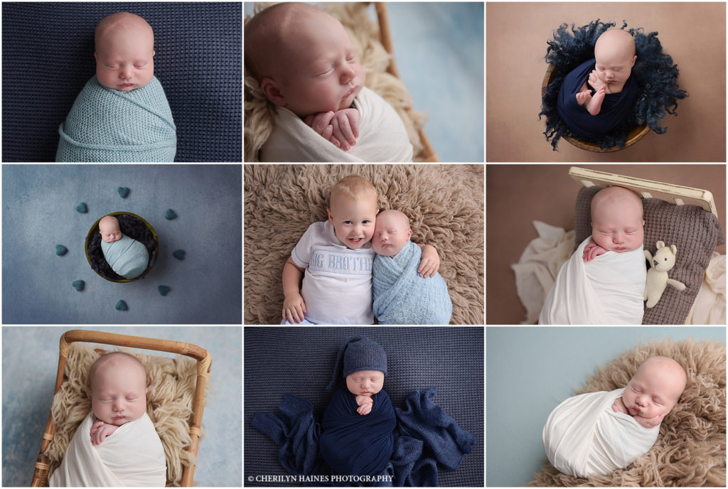 5 day old newborn baby boy is photographed at Cherilyn Haines Photography's studio in Baton Rouge, Louisiana. His session was styled with different shades of blues, tans, and browns and he was swaddled in different colors for each prop. Cherilyn in a maternity, newborn, and baby photographer who services clients in Denham Springs, Hammond, New Orleans, Lafayette, Lake Charles, and Metairie, Louisiana.