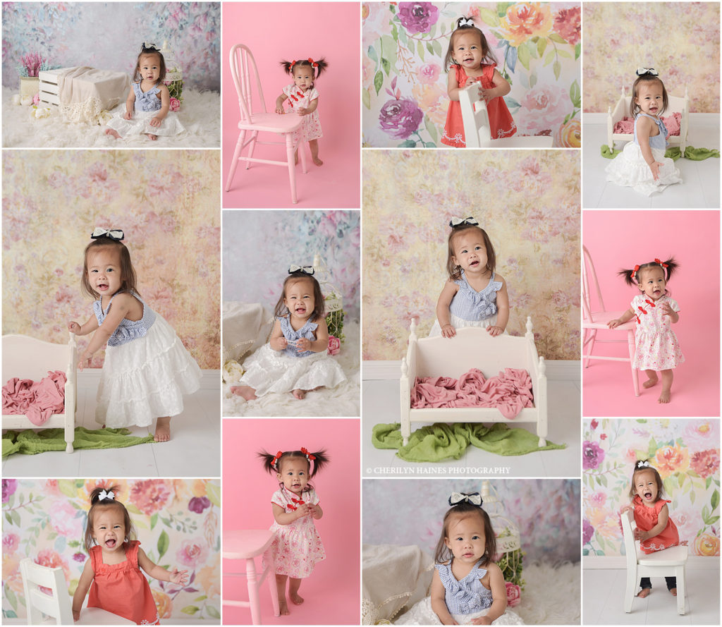 1 year old portrait session in Baton Rouge, Louisiana with Cherilyn Haines Photography. This sweet baby girl is photographed in a white lace dress on a floral backdrop with pink flowers. She is also photographed wearing a traditional Chinese-style dress while wearing her hair in pigtails. Cherilyn photographs maternity, newborn, and baby portraits in the Baton Rouge, Louisiana area.