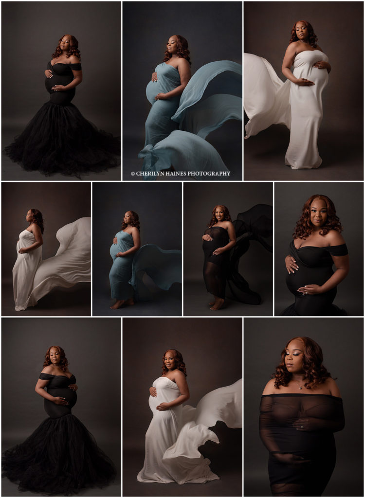 fine art maternity portrait session photographed in Baton Rouge, Louisiana by Cherilyn Haines Photography. This pregnant mama was photographed in a form fitting black gown with a full tulle skirt. She was also photographed in some beautiful silk tossing fabrics in cream and light blue. Cherilyn Haines is a fine art maternity photographer servicing Denham Springs, Baton Rouge, New Orleans, Hammond, Lake Charles, and Lafayette, Louisiana, as well as Houston, Texas.