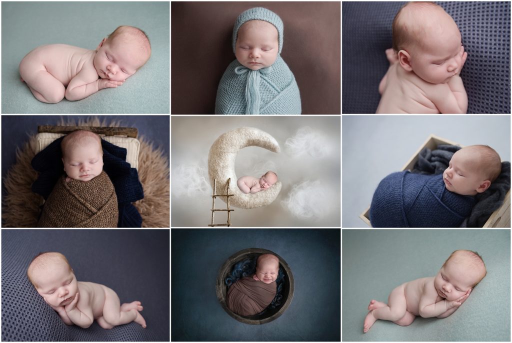 1 month old newborn baby boy is photographed by Cherilyn Haines Photography. He is posed sleeping on different shades of blue blankets as well as swaddled in brown on a small wooden bed and bowl. He is also photographed sleeping on a moon prop with a ladder. Cherilyn services the areas of Baton Rouge, Denham Springs, New Orleans, Lake Charles, Lafayette, and Covington, Louisiana.
