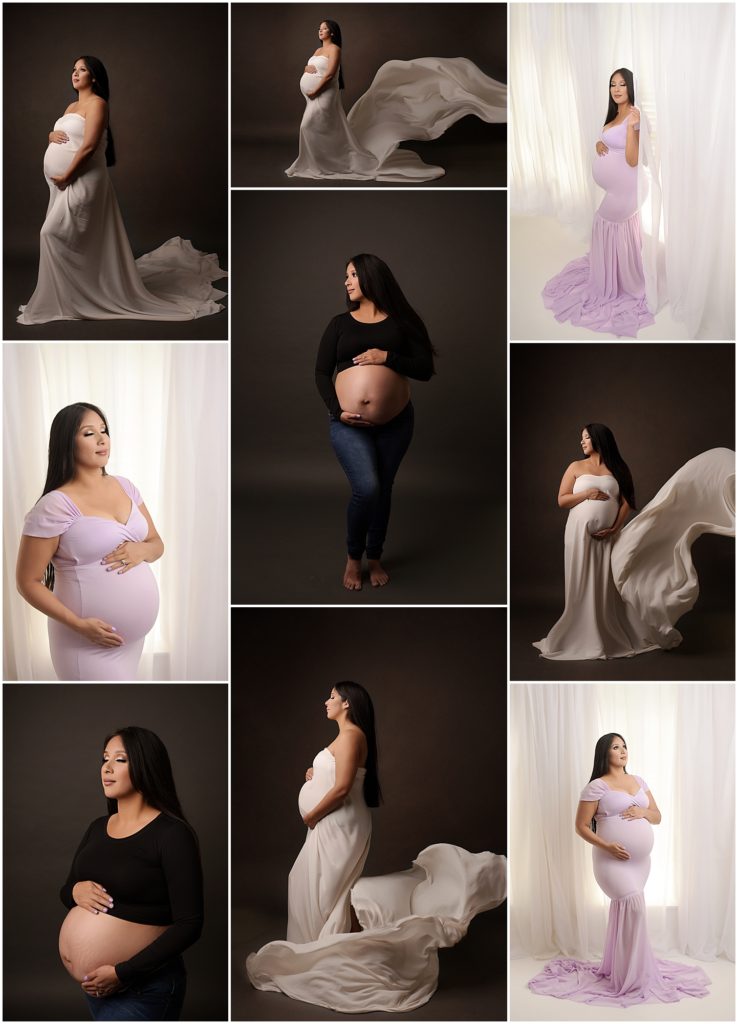 The pregnant mama was photographed by Cherilyn Haines Photography during her third trimester. She was photographed with a light and airy look first with a pink gown that she brought to the session. For the second part of the session we styled her with a more casual pair of jeans and a black crop top that accentuated her belly. Lastly, she is photographed with a white silk flowy fabric. 