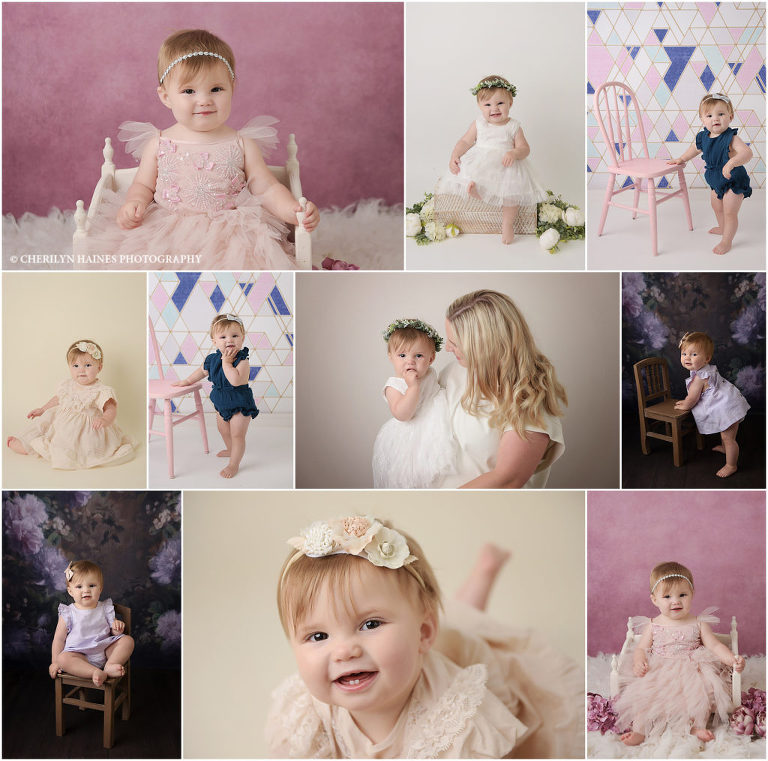 1 year portrait session with Cherilyn Haines Photography at her Baton Rouge, Louisiana studio. This 1 year old baby girl was photographed in front of a pink backdrop with floral accents. She was also photographed in front of a purple floral backdrop, and a blue, aqua, and pink art deco backdrop. 