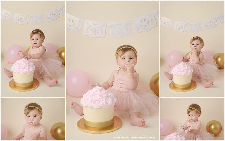 1 year portrait session with Cherilyn Haines Photography with a pink and gold themed cake smash. Cherilyn is a newborn and baby photographer who services Baton Rouge, Denham Springs, New Orleans, and Lake Charles, Louisiana.