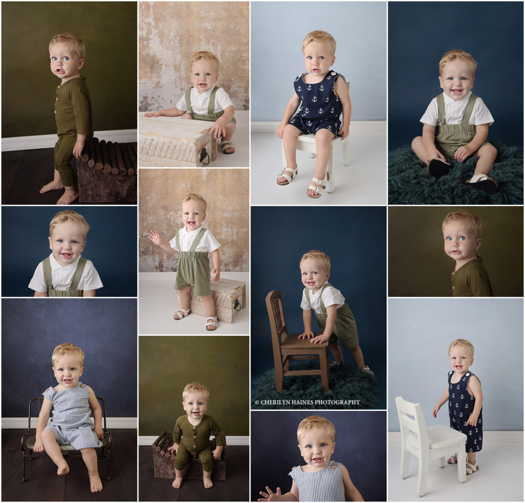 1 year old baby boy is photographed at Cherilyn Haines Photography's studio in Baton Rouge, Louisiana. He is photographed on olive green, light blue, and navy backdrops and is posed on chairs and crates.