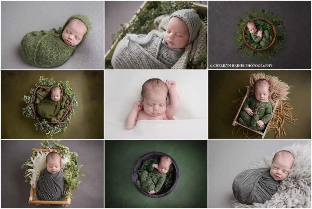 Green and gray themed newborn portrait session for a 9 day old newborn baby boy. He was photographed by Cherilyn Haines Photography at her studio in Baton Rouge, Louisiana. Cherilyn Haines is a fine art maternity, newborn, and baby photographer.