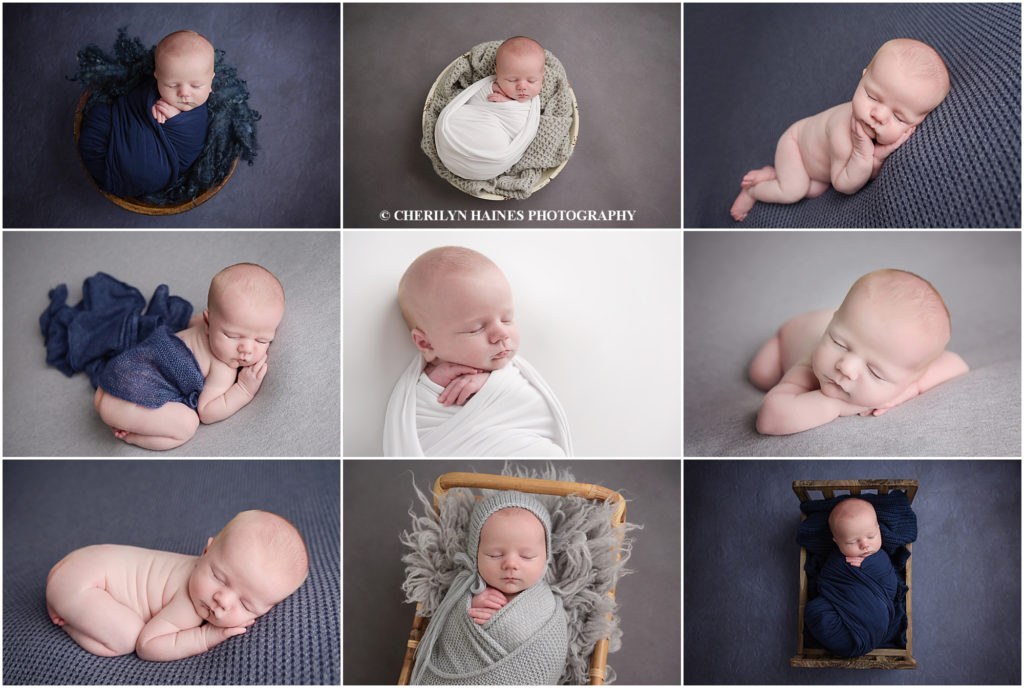 Two week old newborn baby boy is photographed by Cherilyn Haines Photography at her Baton Rouge, Louisiana studio. He is photographed sleeping on navy and gray blankets. He is also photographed sleeping in a tiny wooden bed and a couple of baskets. Cherilyn Haines Photography is a fine art maternity, newborn, and baby photographer servicing Baton Rouge, Denham Springs, Walker, Hammond, Lake Charles, and New Orleans areas.