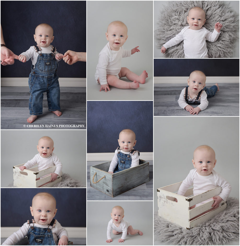 6 month old baby boy is photographed at Cherilyn Haines Photography's studio located in Baton Rouge, Louisiana. He was also photographed by Cherilyn as a newborn. James wore a simple long sleeve white onesie for his sitter session and also through on a cute pair of overalls as well. 