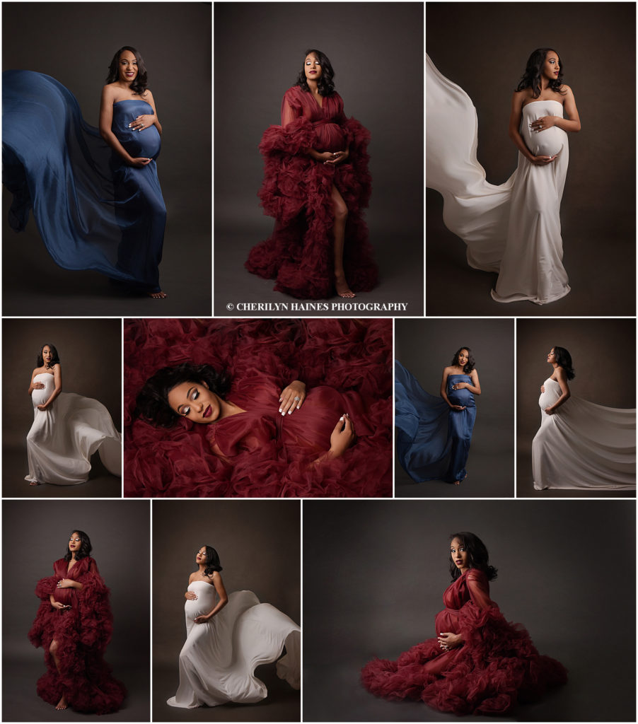 fine art maternity portrait session with Cherilyn Haines Photography in Baton Rouge, Louisiana. This mama-to-be drove in from New Orleans, Louisiana for her maternity photoshoot. She was photographed in a couture deep burgundy gown as well as ivory and blue silk tossing fabrics. 