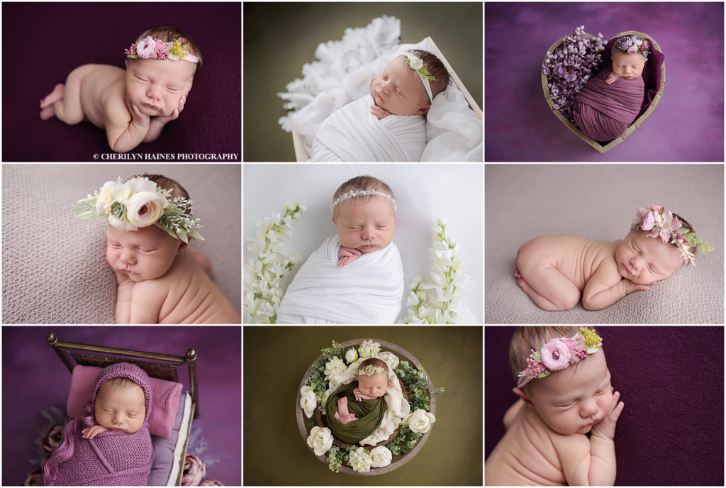 One week old newborn baby girl was photographed by one of the best newborn and baby photographers in Baton Rouge, Cherilyn Haines Photography. This baby was photographed sleeping in different poses as well as wrapped in purple, white, and green swaddles laying in a heart shaped bowl. Cherilyn Haines Photography services the areas of Denham Springs, New Orleans, Hammond, Lake Charles, Lafayette, and Baton Rouge, Louisiana. She is a fine art maternity, newborn, and baby photographer.