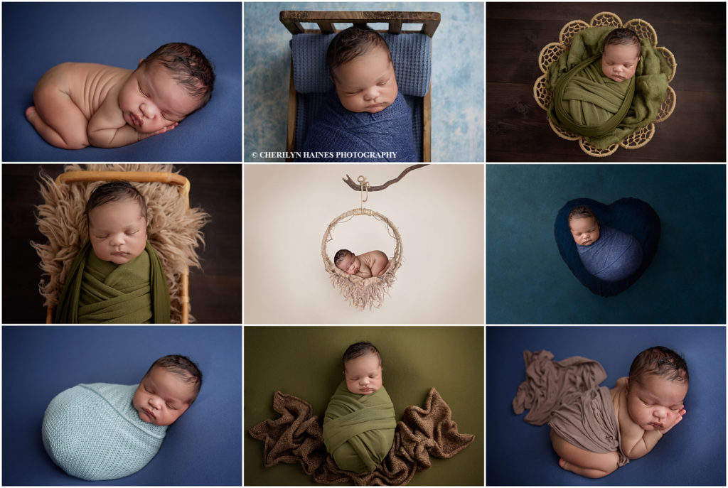 Two week old newborn baby boy is photographed by Cherilyn Haines Photography at her studio in Baton Rouge, Louisiana. He is photographed sleeping on a blue blanket. He is also photographed swaddled in green in two baskets and sleeping in a tiny doll bed. Cherilyn Haines Photography photographs newborns in Denham Springs, Baton Rouge, New Orleans, Metairie, Gonzales, Lafayette, Lake Charles, and Port Allen, Louisiana.