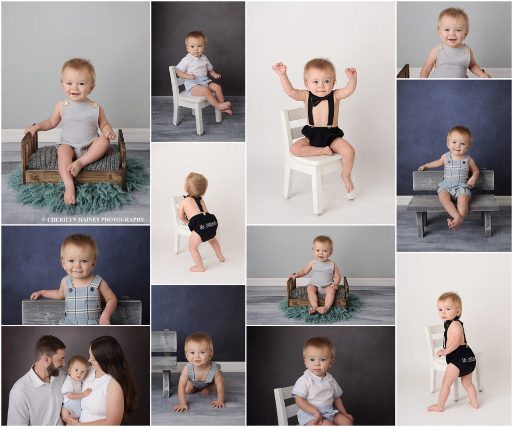 1 year old baby boy was photographed by Cherilyn Haines Photography at her Baton Rouge, Louisiana studio. Cherilyn has photographed Jackson as a newborn and also as a 6 month old baby. For this session, he was posed on white, gray, and blue backdrops and was sat in a white chair, a gray tiny bench, and a small wooden baby bed.