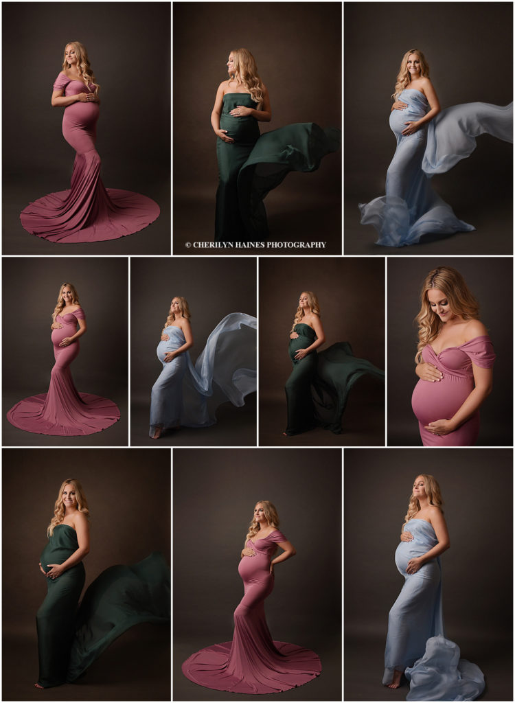 Fine art maternity portrait session with Cherilyn Haines Photography. Mom-to-be is photographed in a form fitting pink gown . Silk tossing fabrics in emerald green and powder blue were also worn by this pregnant mama for her photoshoot. Cherilyn Haines Photography is a fine art maternity, newborn, and baby photographer in Baton Rouge, New Orleans, Hammond, Lafayette, and Lake Charles, Louisiana.