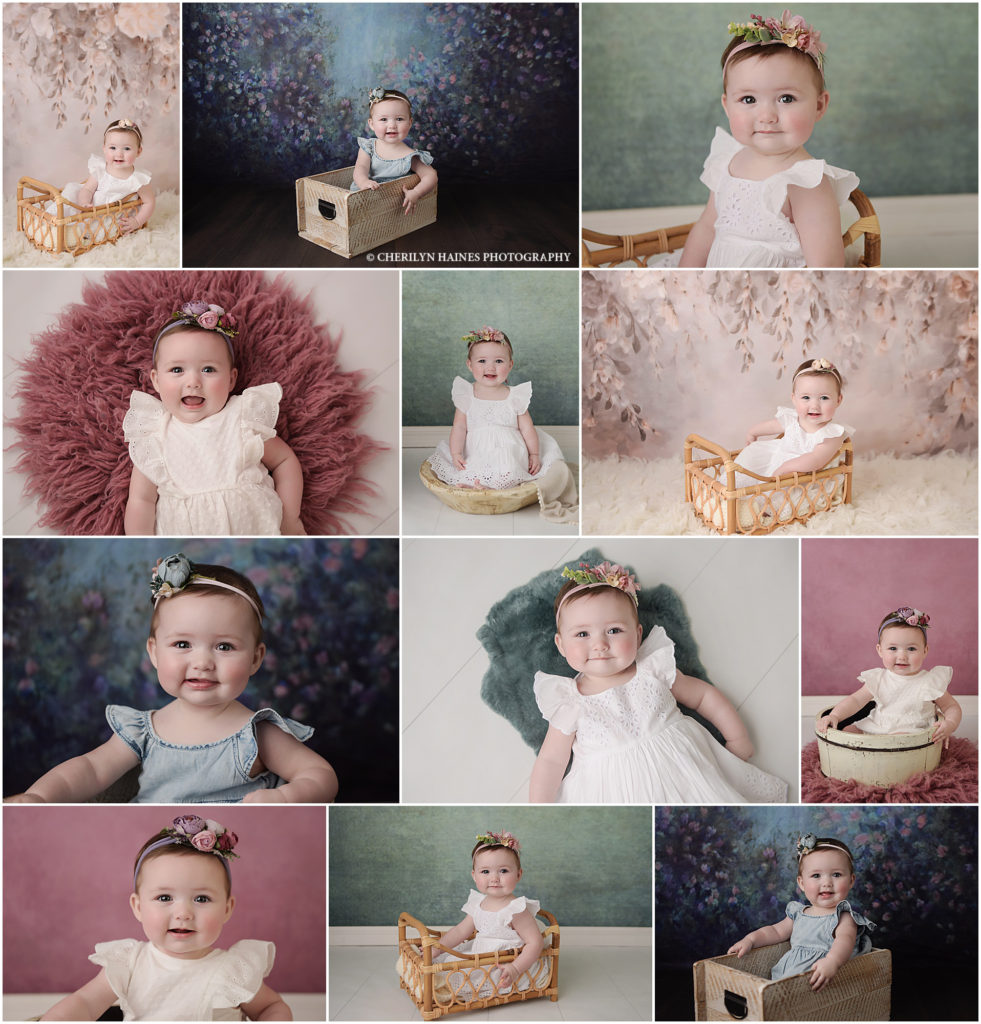 6 month old beautiful baby girl is photographed by Cherilyn Haines Photography at her Baton Rouge, Louisiana photography studio. This 6 month session was photographed with baby girl in a white dress, and ivory bubble, and a light blue jean romper. This baby girl was photographed in front of a dark blue and purple floral backdrop, a rose colored backdrop, and a boho themed backdrop. Cherilyn photographed this baby as a newborn first, now as a sitter, and will also photograph her 1 year portraits.