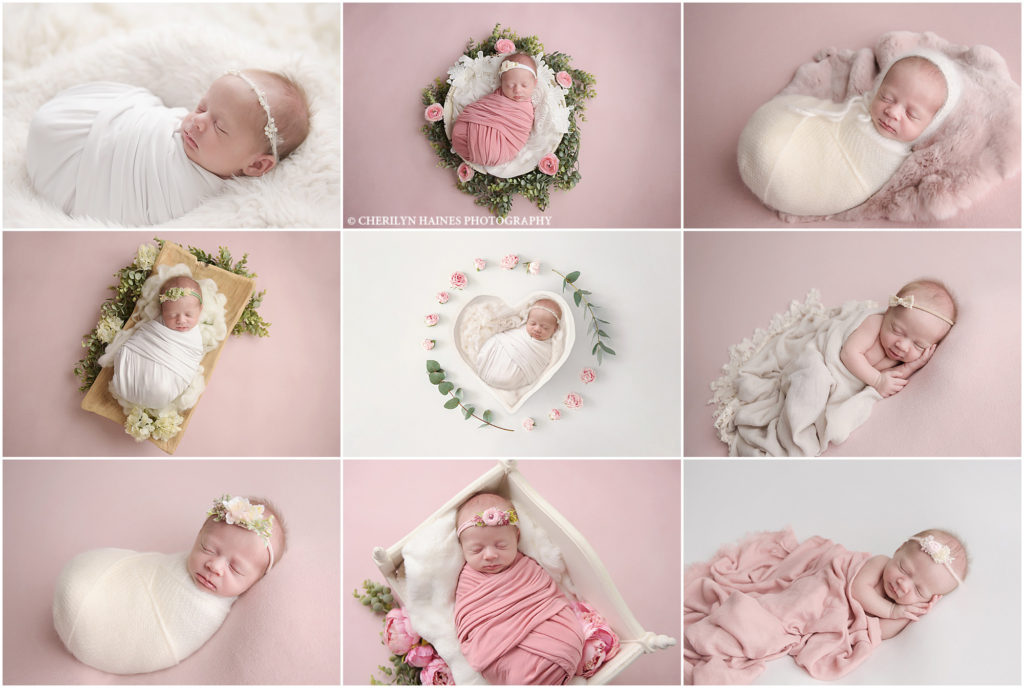 Pink and white themed newborn portrait session photographed by Cherilyn Haines Photography. This 3 week old baby girl was photographed with lots of florals, vintage lace pieces, and other girly accents. Cherilyn Haines is a fine art maternity, newborn, and baby photographer who has clients from Baton Rouge, Denham Springs, Hammond, Metairie, Gonzales, New Orleans, Lake Charles, and Lafayette, Louisiana as well as Houston, Texas.
