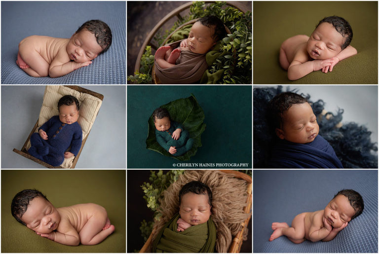 This newborn portrait studio session was styled with shades of greens and blues. This 9 day old baby boy was photographed sleeping posed on a green blanket and a blue blanket and he was also photographed swaddled laying in a basket with greenery. Newborn baby boy wearing navy button up footed pajamas laying on tiny wooden doll bed. Cherilyn Haines Photography is a fine art maternity, newborn, and baby photographer in Baton Rouge, LA