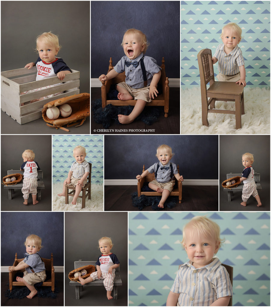 1 year old baby boy is photographed by Cherilyn Haines Photography at her Baton Rouge, Louisiana photography studio. He is photographed on a gray backdrop and a navy backdrop sitting on a tiny wooden chair. He is also photographed in a baseball outfit with a baseball mitt and balls.