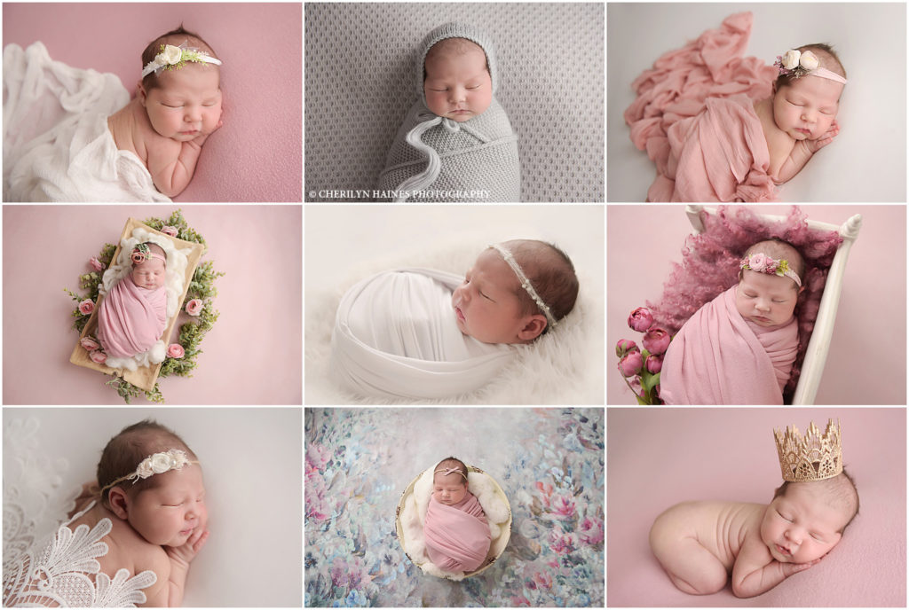 8 day old newborn baby girl is photographed during a very girly-themed newborn session. The is photographed sleeping on a pink blanket with floral headband and on a white blanket with a lace cover. She is photographed swaddled in pink surrounded by greenery and pink roses. She is also photographed wearing a tiny gold newborn-sized tiara. Cherilyn Haines Photography in a fine art maternity, newborn, and baby photographer in the Baton Rouge, Louisiana area.