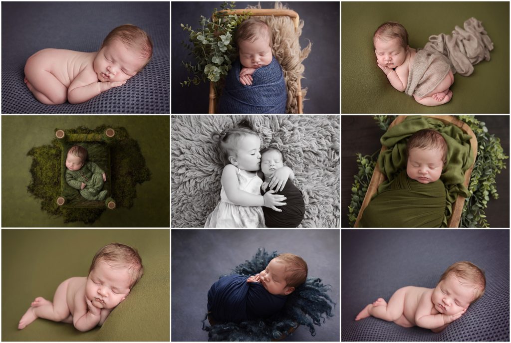 2 week old newborn baby boy is photographed at Cherilyn Haines Photography's studio in Baton Rouge, Louisiana. He was photographed sleeping on blue and green blankets. He was also photographed swaddled and laying in different wooden bowls and wicker baskets. There is also a black and white picture of the newborn baby boy with his big sister. 