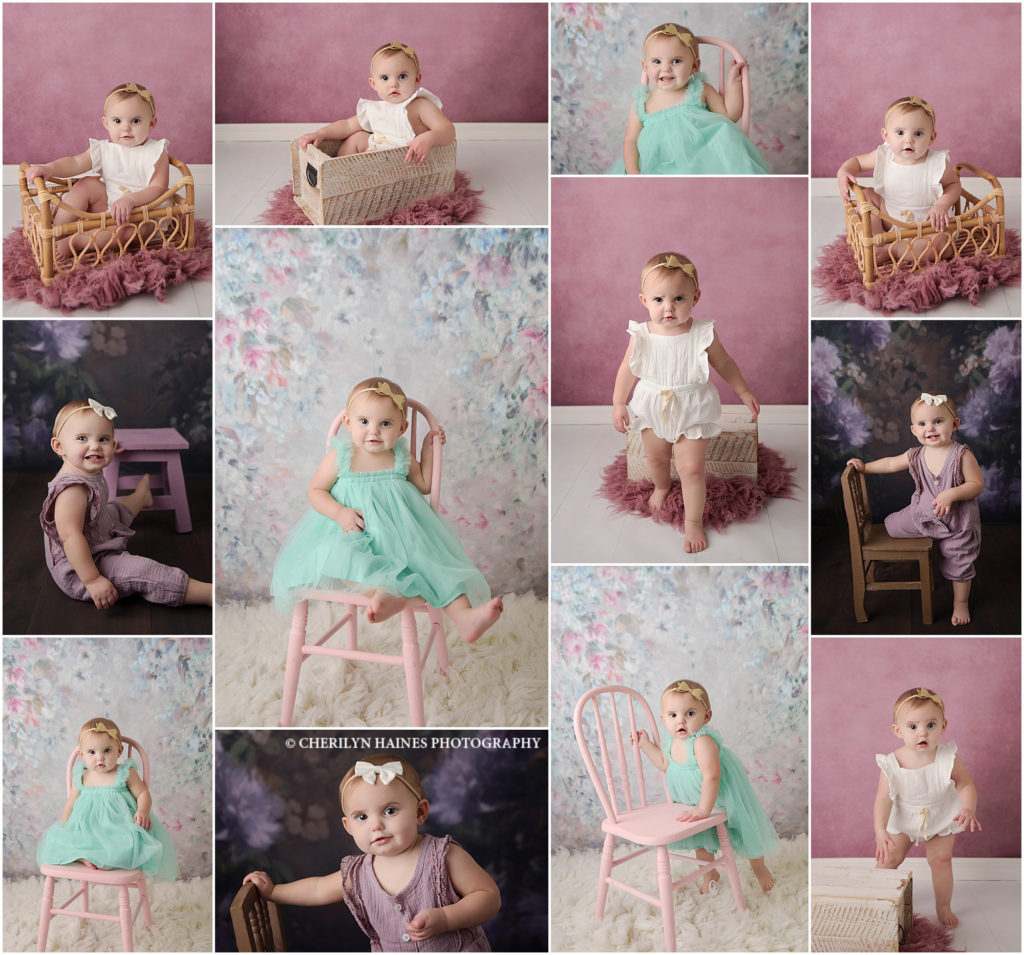 1 year old newborn baby girl is photographed by Cherilyn Haines Photography at her Baton Rouge, Louisiana photography studio. She was photographed on floral backdrops and sitting on small wooden chairs and boxes. Cherilyn also did a Beetlejuice-themed newborn session for her when she was 2 weeks old.
