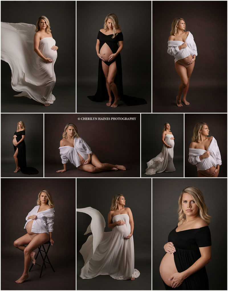 Gorgeous maternity shoot of blonde mom-to-be in Baton Rouge, Louisiana with Cherilyn Haines Photography. This pregnant mom was photographed in a black open-belly maternity gown and an ivory silk tossing fabric. She was also photographed in an oversized white button down shirt that showed off her belly. 