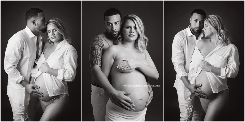 Black and white sexy maternity portraits of mom-to-be and dad-to-be. Pregnant mom is wearing a white oversized button down shirt to show off her belly.  Expectant mom is photographed topless to show off her belly. Cherilyn Haines is a fine art maternity photographer who services Baton Rouge, Denham Springs, Hammond, New Orleans, Lafayette, Lake Charles, and Houston, Texas.