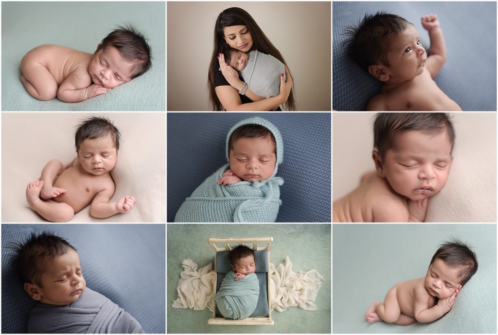 3 week old newborn baby boy is photographed by Cherilyn Haines at her photography studio in Baton Rouge, Louisiana. This newborn baby is photographed posed on blue and neutral colored blankets and well as posed in a tiny wooden bed. Cherilyn Haines Photography is a fine art maternity, newborn, and baby photographer in the Baton Rouge and surrounding areas. 