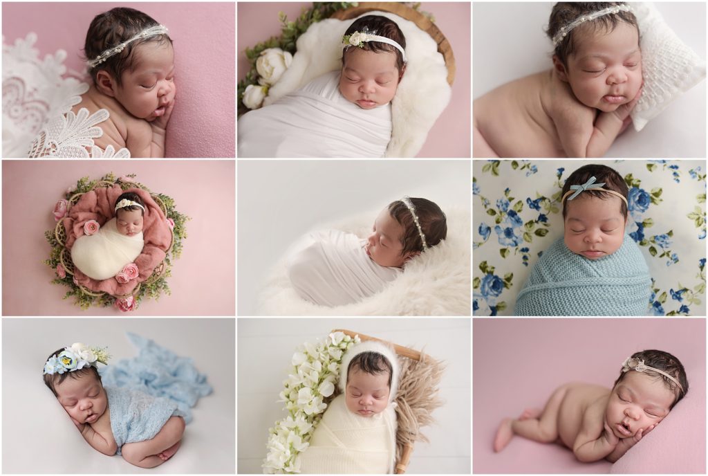 These are pictures from the newborn portrait session of a 1 month old baby girl who was photographed by Cherilyn Haines Photography at her studio near Hammond, Louisiana. This newborn baby girl's session was styled with pink, white, and blue florals. She was photographed in a wicker basket and sleeping swaddled on a blue floral fabric. Cherilyn Haines is a fine art photographer who services Denham Springs, Baton Rouge, Metairie, Lake Charles, Lafayette, New Orleans, and Jackson, Louisiana.