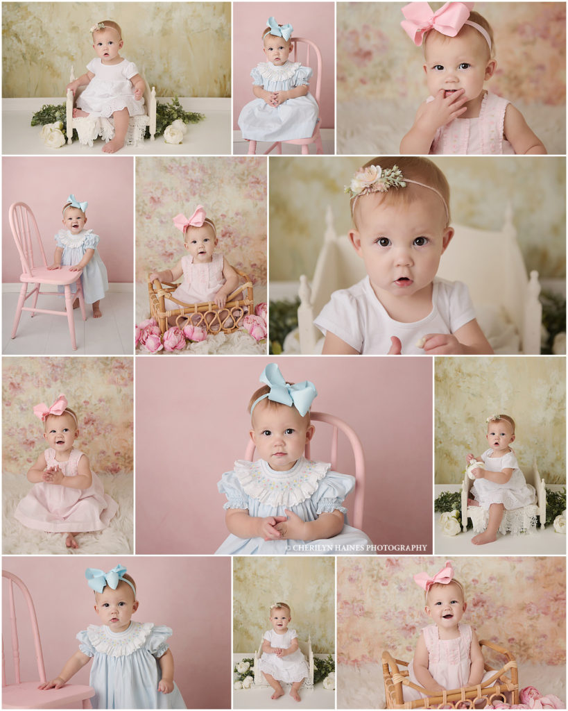 1 year old baby girl has formal portrait session at Cherilyn Haines Photography's Baton Rouge, Louisiana photography studio. She is photographed in a white lace dress, and blue and white smocked dress, and a sleeveless pink ruffled dress. This baby girl had her pictures take in a tiny white wooden daybed with flowers as well as sitting on a painted pink chair. Cherilyn is a fine art baby photographer in Baton Rouge, New Orleans, Hammond, and Lafayette, Louisiana.