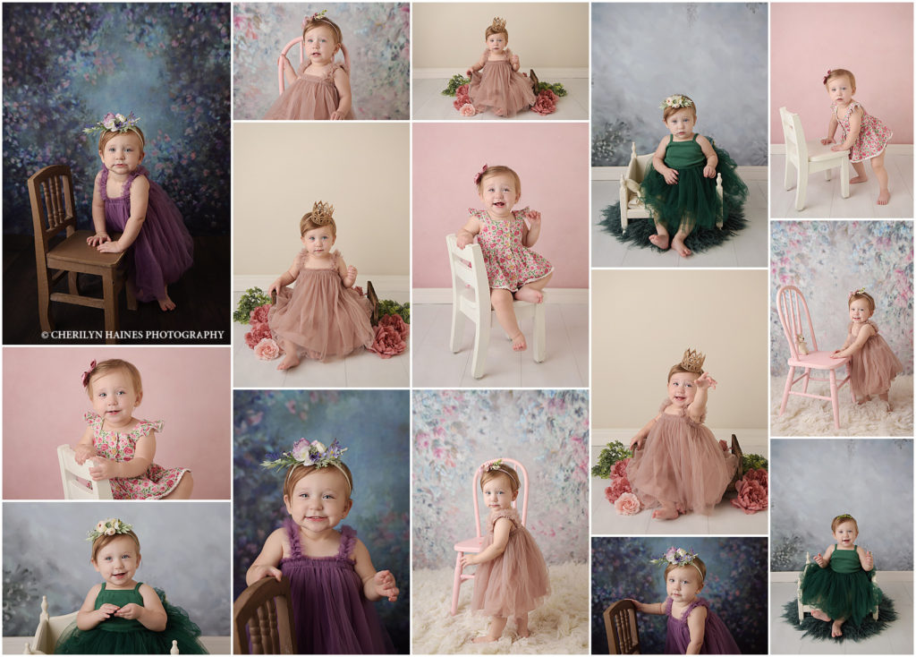 Formal portraits of a 1 year old baby girl taken by Cherilyn Haines Photography in Baton Rouge, Louisiana. Cherilyn also photographed this little one as a newborn and also at 6 months old. For this session she wore a dark purple dress, a soft rose colored dress, and a deep emerald green colored dress. She was photographed on floral backdrops as well as a solid pink backdrop. Cherilyn Haines is a fine art maternity, newborn, and baby photographer who photographs babies up to a year old.