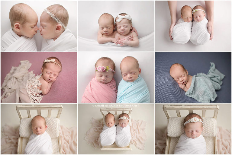 Newborn portrait session with a set of 14 day old boy/girl twins by Cherilyn Haines Photography in Baton Rouge, Louisiana. Cherilyn photographed this set of twins in July in her photography studio. These twins were photographed sleeping in a tiny wooden bed as well as laying on pink and blue blankets. Cherilyn is a fine art maternity, newborn, and baby photographer who services the areas of Baton Rouge, Denham Springs, Hammond, Gonzales, Metairie, New Orleans, Lake Charles, and Lafayette, Louisiana.