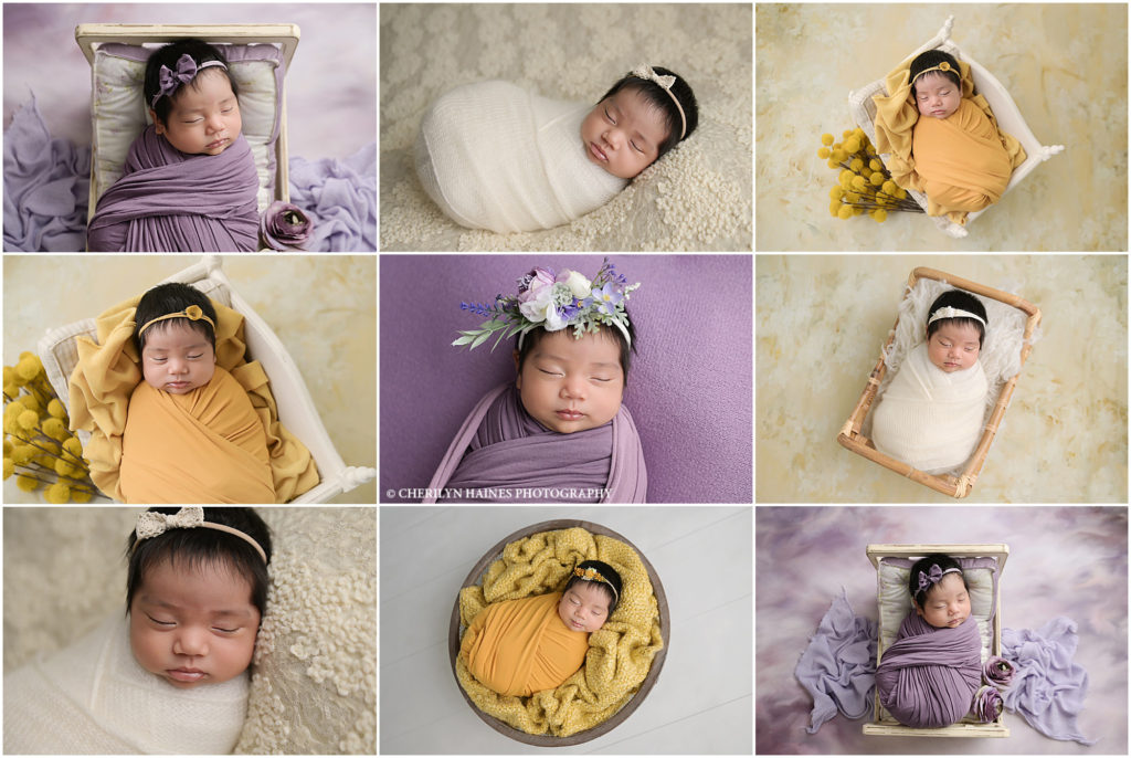 5 week old newborn baby girl is photographed by Cherilyn Haines Photography in Baton Rouge, Louisiana. Her session was styled with golden yellows, soft purples, and neutrals.