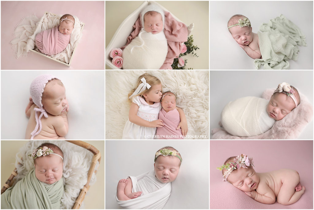 One week old newborn baby girl is photographed by Cherilyn Haines at her photography studio in Baton rouge, Louisiana. Cherilyn is a fine art maternity, newborn, and baby photographer who services Denham Springs, Walker, Hammond, New Orleans, Metairie, Lake Charles, and Lafayette, Louisiana. This baby girl is photographed with a white, pink, and green color palette. 