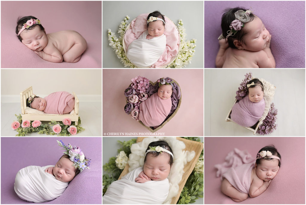 1 month old newborn baby girl is photographed at Cherilyn Haines Photography's studio in Baton Rouge, Louisiana. This baby girl is photographed on pink and purple blankets and has floral elements incorporated into each setup. Cherilyn is a fine art maternity, newborn, and baby photographer who has clients in Baton Rouge, New Orleans, Lafayette, Lake Charles, and Hammond, Louisiana as well as Houston, Texas. Cherilyn Haines Photography is a small business in Baton Rouge, Louisiana.