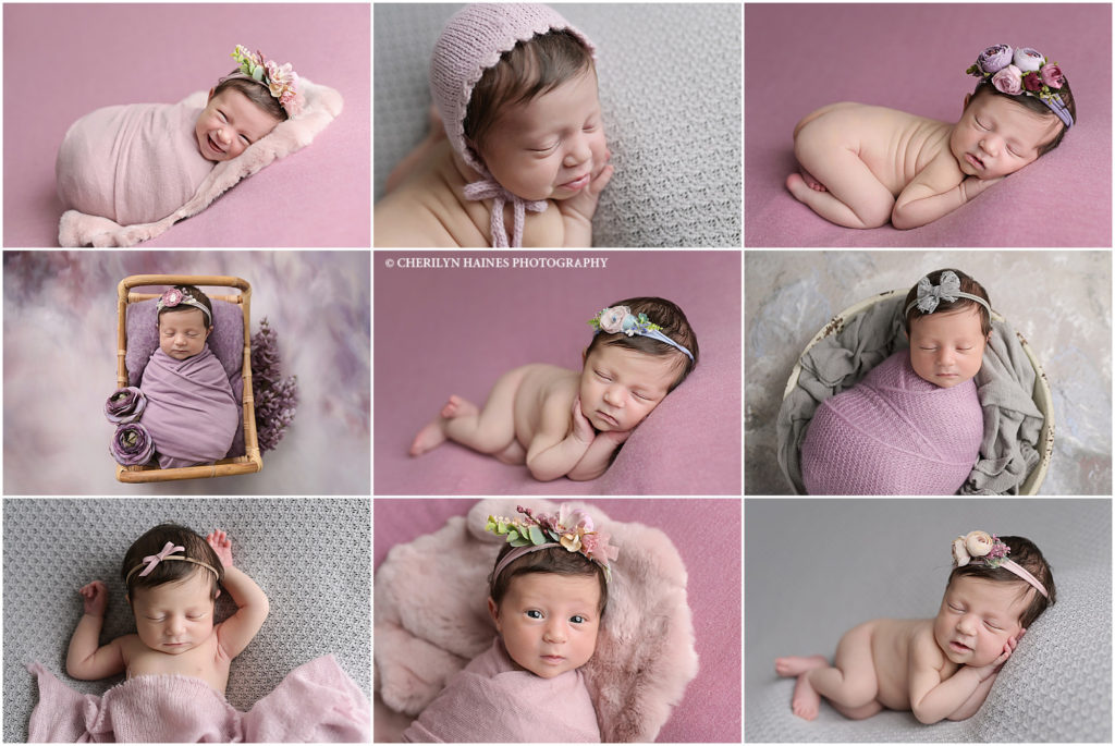 11 day old newborn baby girl photographed by cherilyn haines photography at her baton rouge, la photography studio. Newborn baby is photographed smiling and wide awake. This newborn session was styled with pinks, purples, and grays with girly headbands and bonnets added in. 