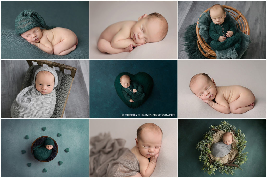 Two week old newborn baby boy is photographed by Cherilyn Haines Photography in her Baton Rouge, Louisiana studio. His session was styled with emerald greens, tans, and grays, He was photographed sleeping on a gray blanket as well as swaddled in baskets with greenery. Cherilyn is a fine art maternity, newborn, and baby photographer in the Baton Rouge, Louisiana area. 