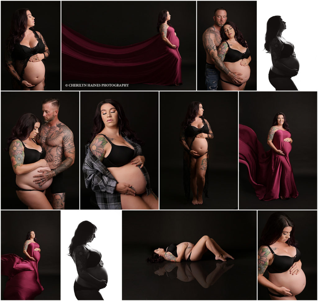 Fine art maternity session in Baton Rouge, Louisiana. This pregnant mama was photographed in a deep magenta silky tossing fabric. She was also photographed in an oversized plaid shirt that showed off her belly. Mom and dad posed together topless while showcasing their tattoos. Cherilyn Haines Photography is a fine art maternity photographer in Denham Springs, Baton Rouge, New Orleans, Metairie, Lake Charles, and Lafayette, Louisiana, as well as Houston, Texas. 