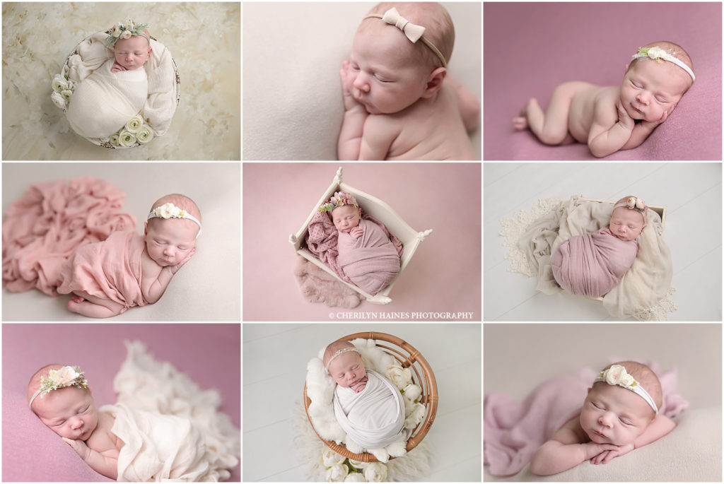 This baby girl was the 600th newborn photographed by Cherilyn Haines Photography. She was 7 days old when she was photographed at the studio. She was swaddled in white and pink and posed in baskets, a tiny wooden daybed, and a tiny papasan chair. Cherilyn Haines Photography specializes in photographing pregnant moms, newborns, and babies up to 1 year old. Cherilyn's studio is located in Baton Rouge, Louisiana.